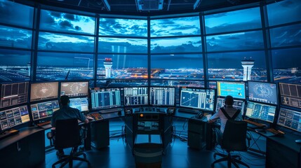 Strategic operations in the navigation room of a contemporary airport, guiding planes in a dynamic airspace - obrazy, fototapety, plakaty