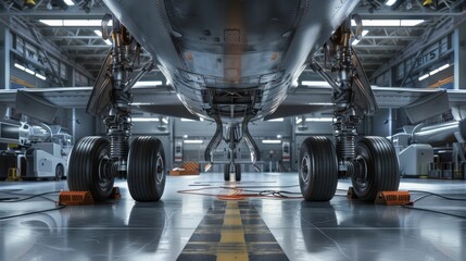 Inside the aircraft maintenance bay, a detailed overhaul of the landing gear unfolds