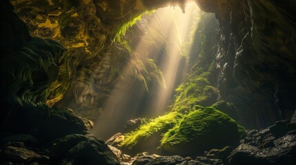 Glimmering sunlight at a cave's entrance, where nature guards its most precious properties - obrazy, fototapety, plakaty