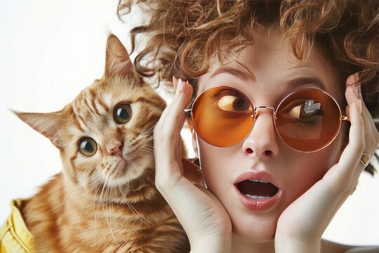 close up photo of a bewildered face in round opaque sunglasses with hands on cheeks and hair raised next to cat looking at that face, pure white background