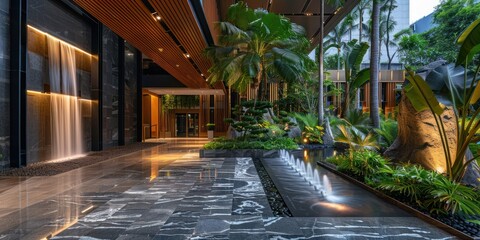 Soothing Entrance Portals: Design the hotel's entrance with calming water elements and lush greenery to immediately soothe guests upon arrival, promoting a seamless transition from the outside world. - obrazy, fototapety, plakaty
