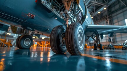 Close-up of an airplane's landing gear in a hangar, emphasizing the robust rubber and metal chassis - obrazy, fototapety, plakaty