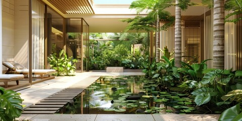 Soothing Entrance Portals: Design the hotel's entrance with calming water elements and lush greenery to immediately soothe guests upon arrival, promoting a seamless transition from the outside world - obrazy, fototapety, plakaty
