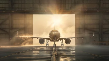 Foto op Aluminium Bright light floods the gate of an industrial hangar, highlighting an aircraft ready for departure © Paul