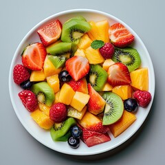 A bowl with a healthy fresh fruit salad. View from above. for the menu.