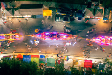 Aerial view of the parade in traditional buddhist festival at night "Chak Pra" (Traditional Lak Phra), Songkhla, Thailand.