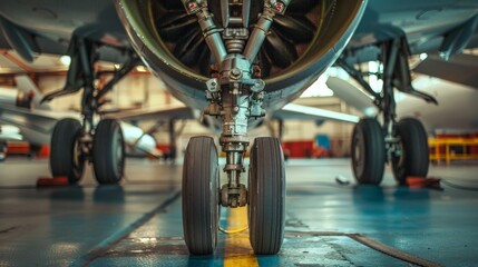A detailed examination and repair of an aircraft's chassis and landing gear, key to aeronautic safety - obrazy, fototapety, plakaty