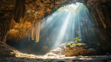A cave entrance bathed in sunlight, the natural gateway to undiscovered properties