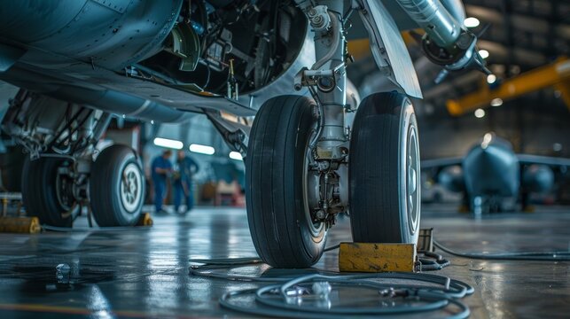 A detailed look at a jet's wing and landing gear as a specialist repairs the open engine
