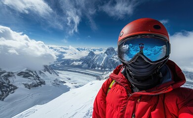 Fototapeta na wymiar Self photograph of an explorer on the top mountain with Mount Everest in the background, wearing ski goggles and a red jacket