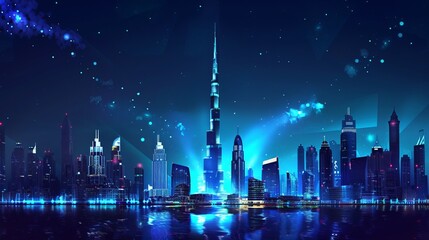 Dubai, Night scene, Dark color, blue, Luminescence, Burj Khalifa Tower, Simple background