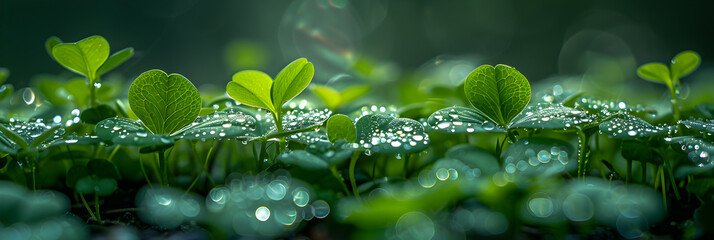 water drops on grass,
Morning in the forest fresh shoots shamrock in d  - obrazy, fototapety, plakaty