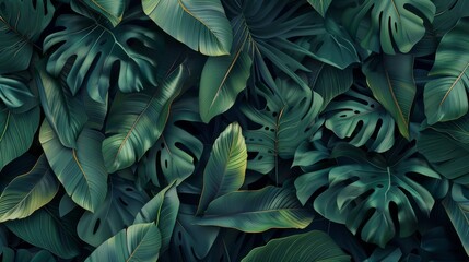 Dark green tropical leaves panorama, nature background for social media, Instagram, Facebook, banners. Generative AI hyper realistic 