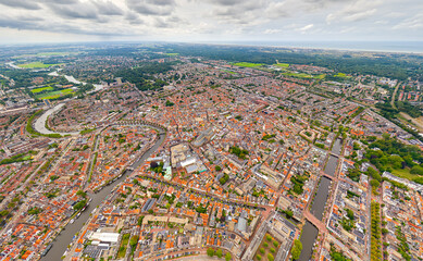 Haarlem, Netherlands. Panorama of the city in summer in cloudy weather. Aerial view