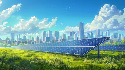 Ecological energy renewable solar panel plant with urban landscape landmarks. Field of solar panels to power a modern clean city with electricity. Modern city with skyscrapers in the background. - obrazy, fototapety, plakaty