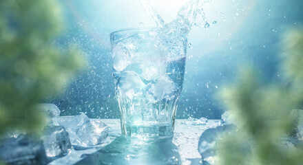 さわやかな太陽の日差しが差し込む透明な氷が入ったグラスの炭酸水からキラキラとはじけるしぶきと氷のかけら　夏・水・飲料水・ソーダ　