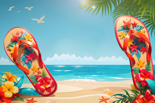 Summer vector concept design. It's summertime text in giant flip flops with beach background design tropical season objects for holiday decoration. Vector illustration design