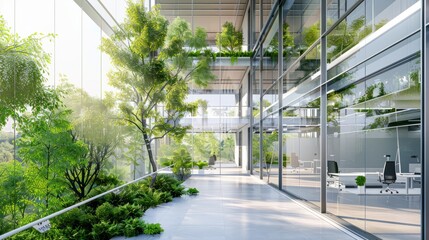 Glass office with eco-friendly design, featuring trees and green environment for sustainable building hyper realistic 