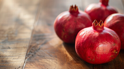 Four red pomegranates fruits on wooden surface 