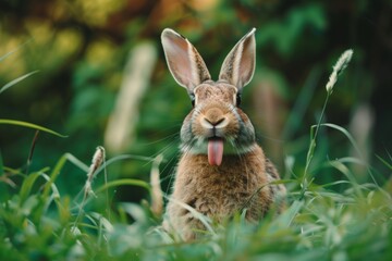 Rabbit in the grass looks directly into the camera and sticks out his tongue. Generative AI. R002