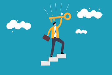 Businessman winner walk up to top of stairway lifting golden success key to the sky.