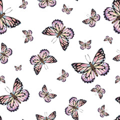 Delicate pink butterflies on a white background. Watercolor illustration. Seamless pattern. For the design of fabric, textiles, wallpaper, packaging