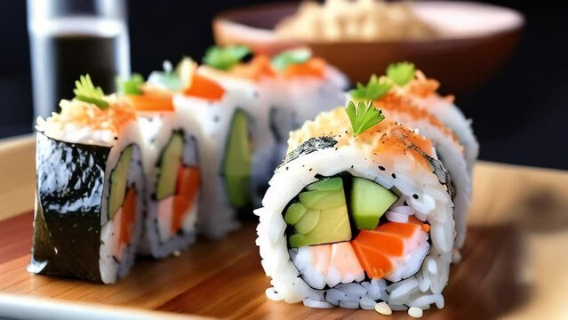 Homemade futomaki maki sushi rolls with vegetables and canned tuna fish on wooden board. Table spin