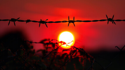 Silhouette of barbed wire against the backdrop of a radiant sunset, capturing the dichotomy of nature and barriers - obrazy, fototapety, plakaty