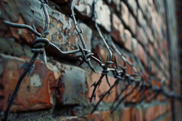 Barbed wire and aged brick wall close-up, texture and history mingling in an urban landscape