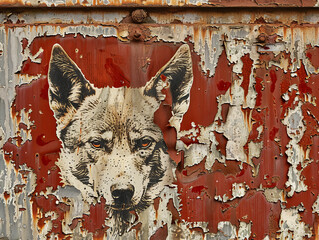 Graffiti of a watchful canine on a corroded corrugated metal surface with textured decay