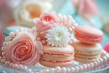 Assorted colorful macarons artfully arranged with roses and pearls in a pleasing pastel composition