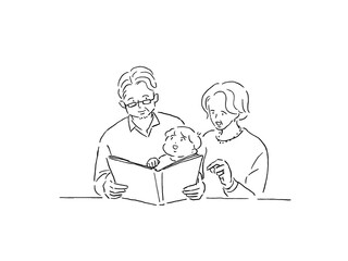 幼い男の子に本を読む初老の男性と女性、（祖父母と孫）、線画
