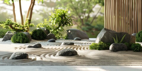 Zen Garden for Reflection and Serenity: Craft a Zen garden viewable from the living or meditation space, with sand patterns for contemplation, rocks to symbolize obstacles overcome - obrazy, fototapety, plakaty