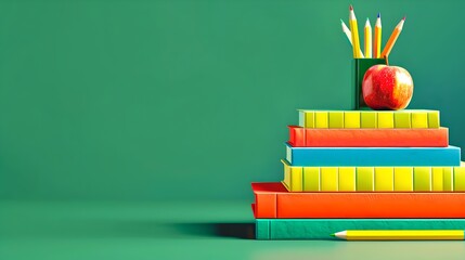 Brightly Colored Books Stacked with Apple and Pencils, Education Concept. Vibrant Study Materials on Green Background. Ideal for Back to School Campaigns. AI