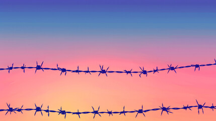 Barbed wire against a gradient sunset sky, a digital art piece with vivid colors and sharp contrast