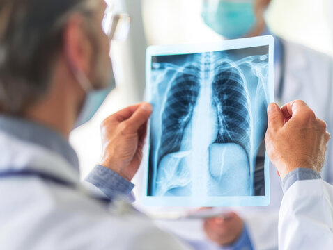 Pulmonologist examining a patient's chest X-ray, focusing on lung health and medical diagnosis