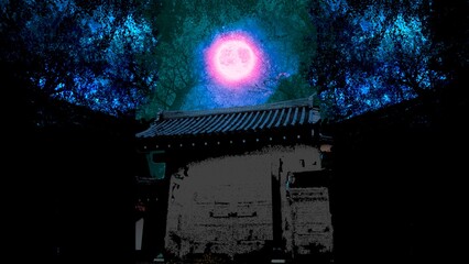 寂れた江戸時代風の武家屋敷の大門の白黒シルエットと怪しく輝く満月と夜空の背景イラスト - obrazy, fototapety, plakaty