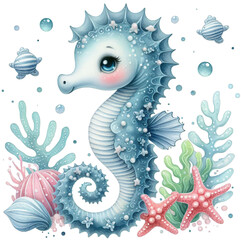 Whimsical Seahorse: Colorful Watercolor PNG Illustration of a Coastal Charm