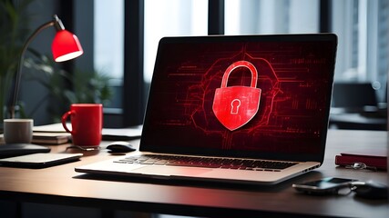 Laptop on desk in contemporary office with padlock on screen and red light; significance of cyber security; risk of cyberattacks; value of corporate data; creative