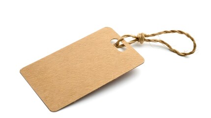 Blank brown paper tag with a string isolated on white background. Simple and versatile for price, gift, or label concept. Ideal for design mockups. AI