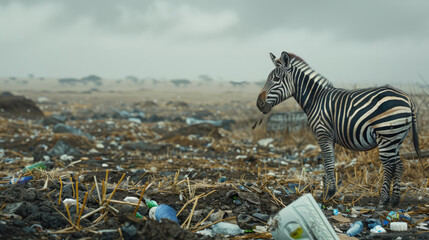 Naklejka premium Polluted world. Garbage and waste. Animals suffer from pollution. Ecological disaster concept. AI-generated.