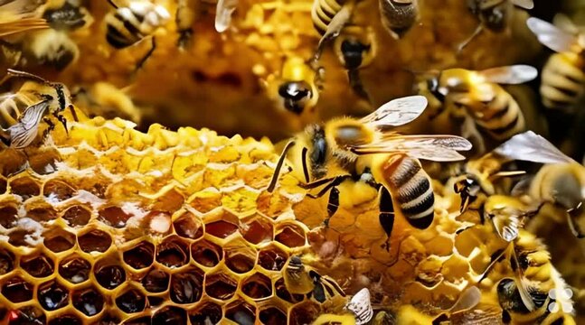 A close-up photo of a beehive buzzing with activity, with bees entering and leaving the honeycomb, which is filled with golden honey