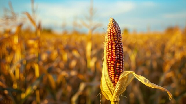 A closeup of a single stalk heavy with ripe corn kernels against a backdrop of neverending fields stretching out to the horizon. .
