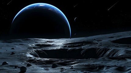 Surreal Lunar Landscape with Earthrise, An Artistic Depiction. Perfect for Science Fiction Themes. Moody and Inspirational. AI