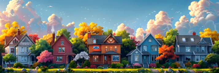 Stof per meter landscape with flowers,  illustration houses © A