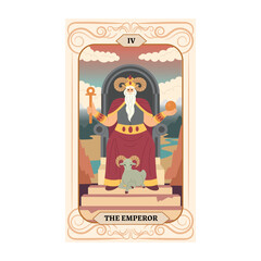 Major Arcana tarot card design. Hand drawn cartoon flat style. THE EMPEROR