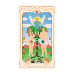 Adam and Eve in the Garden of Eden With a tree with apples and a tempting serpent. Angel blesses lovers. Major Arcana tarot card design. Hand drawn cartoon. THE LOVERS