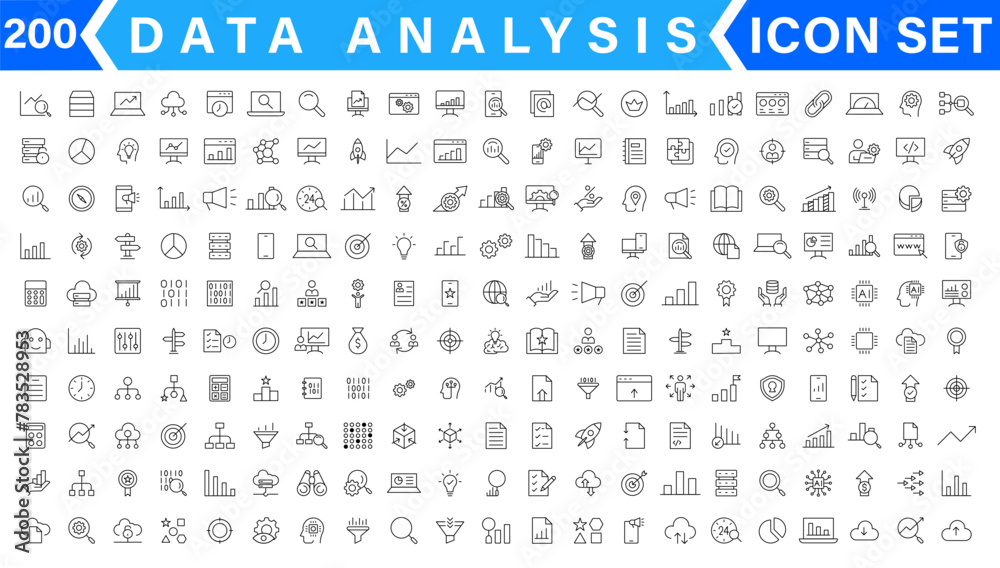 Poster data analysis thin line icon set. data processing outline pictograms for website and mobile app gui.