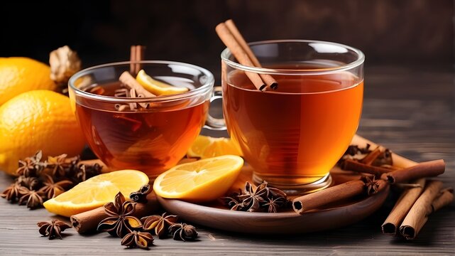 tea with honey. a wooden table with a cup of herbal tea, dried citrus, honey, cinnamon sticks, and anise stars. Hot tea for influenza and colds.