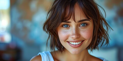 Beautiful smiling young dark-haired caucasian woman, isolated on neutral background. Close up portrait of face. Horizontal Web Banner Style. Generative AI.
